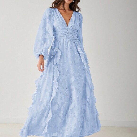 Baby Blue Elegant Women's Romantic Floral V-Neck Long Sleeve Maxi Dress - Picture 8 of 8